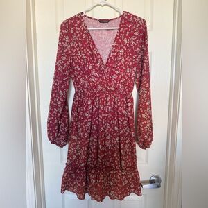 Floral Red Long Sleeve Dress